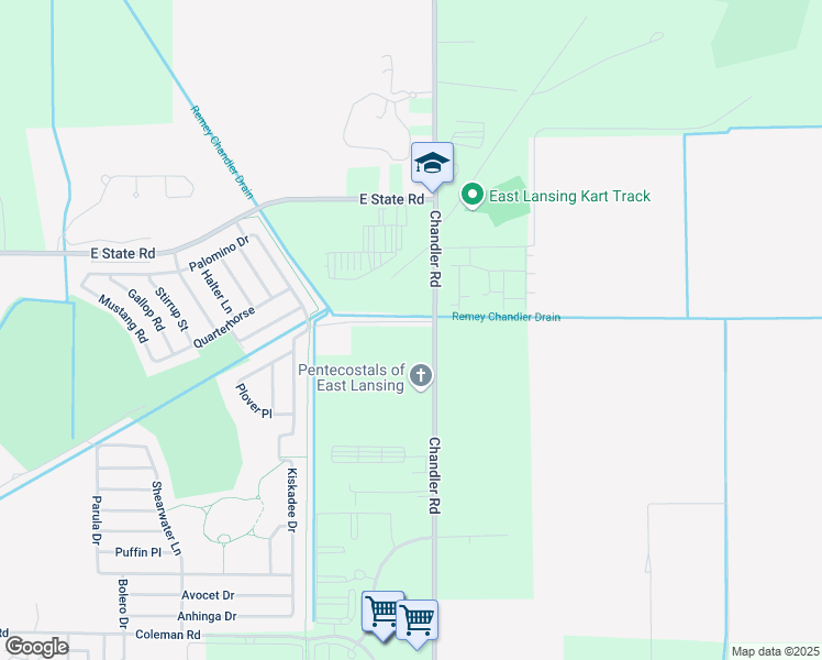 map of restaurants, bars, coffee shops, grocery stores, and more near 16290 Chandler Road in East Lansing