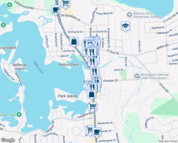 map of restaurants, bars, coffee shops, grocery stores, and more near 236 South Broadway Street in Orion charter Township