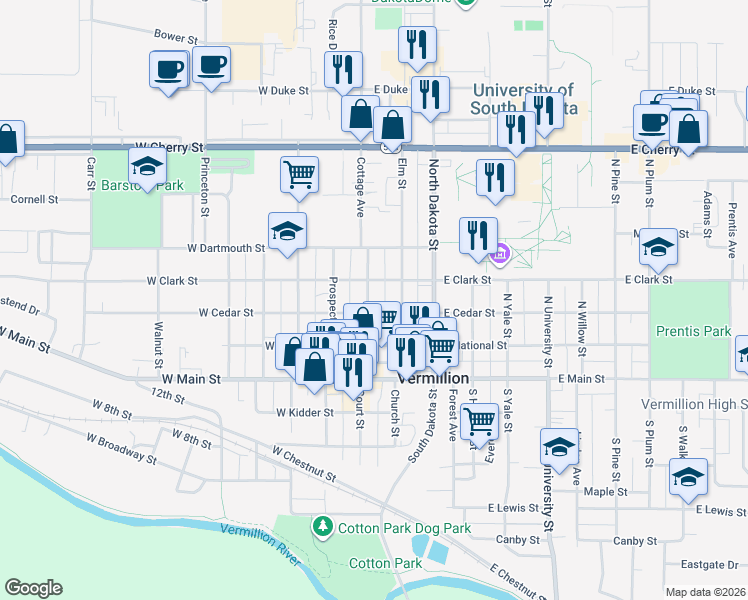 map of restaurants, bars, coffee shops, grocery stores, and more near 2-48 East Cedar Street in Vermillion