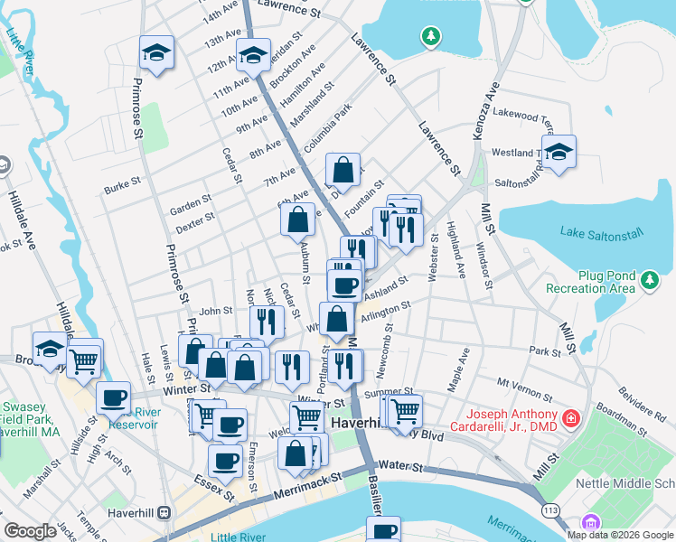 map of restaurants, bars, coffee shops, grocery stores, and more near 1 4th Avenue in Haverhill