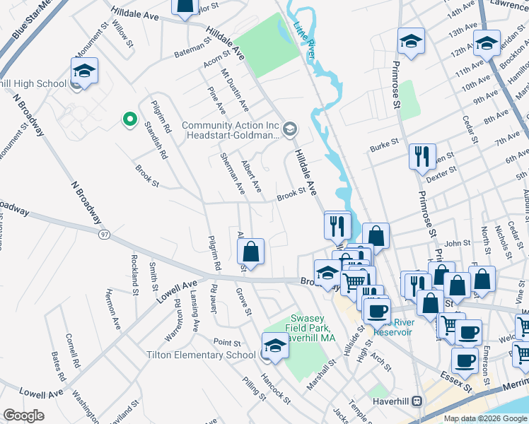 map of restaurants, bars, coffee shops, grocery stores, and more near 52 Brook Street in Haverhill