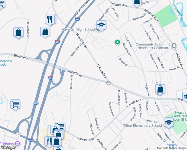 map of restaurants, bars, coffee shops, grocery stores, and more near 291 Broadway in Haverhill