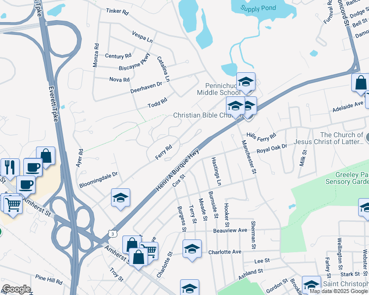 map of restaurants, bars, coffee shops, grocery stores, and more near 16 Salisbury Road in Nashua
