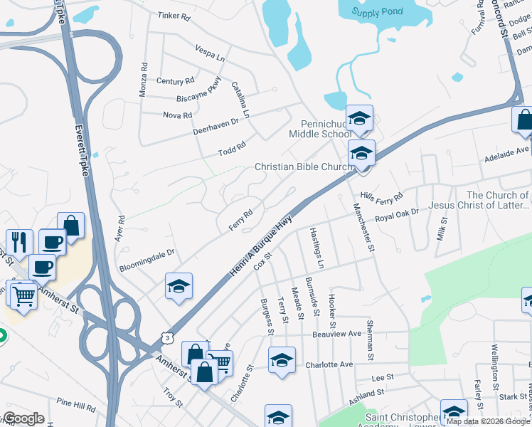 map of restaurants, bars, coffee shops, grocery stores, and more near 16 Salisbury Road in Nashua