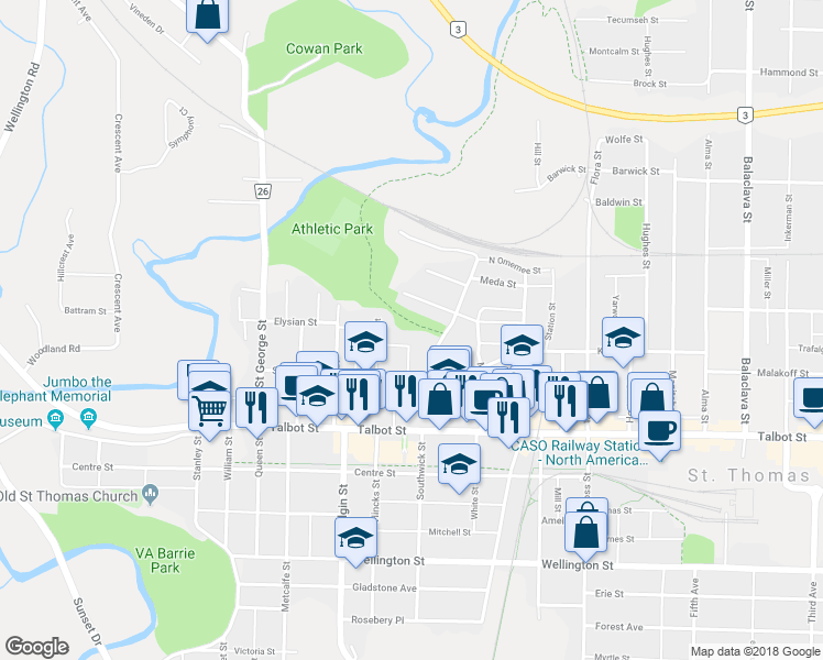 map of restaurants, bars, coffee shops, grocery stores, and more near 15 Jessie Street in St. Thomas