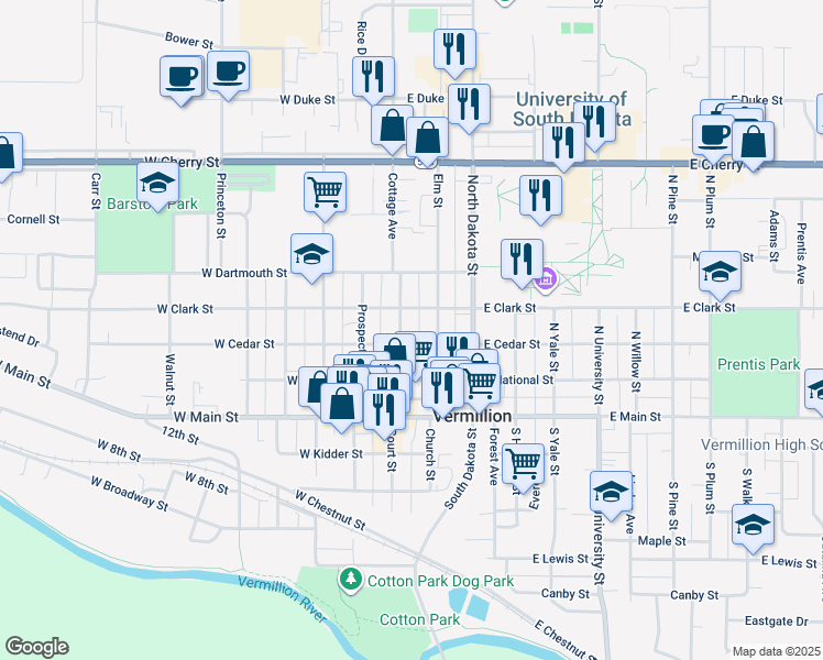 map of restaurants, bars, coffee shops, grocery stores, and more near 2-48 East Cedar Street in Vermillion