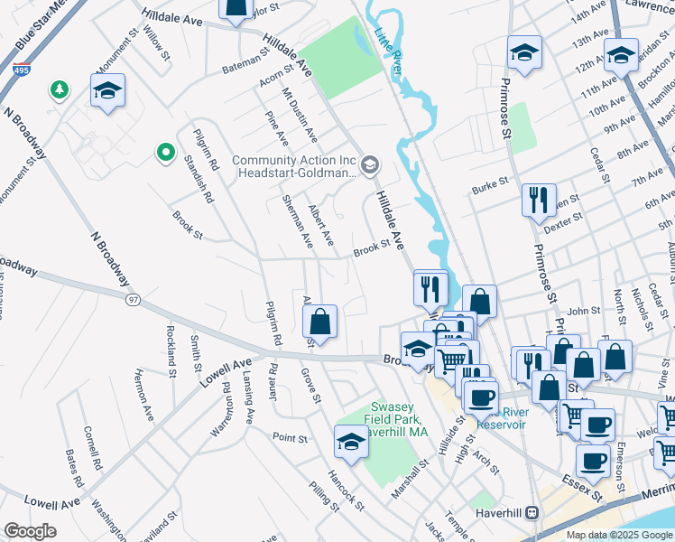 map of restaurants, bars, coffee shops, grocery stores, and more near 52 Brook Street in Haverhill
