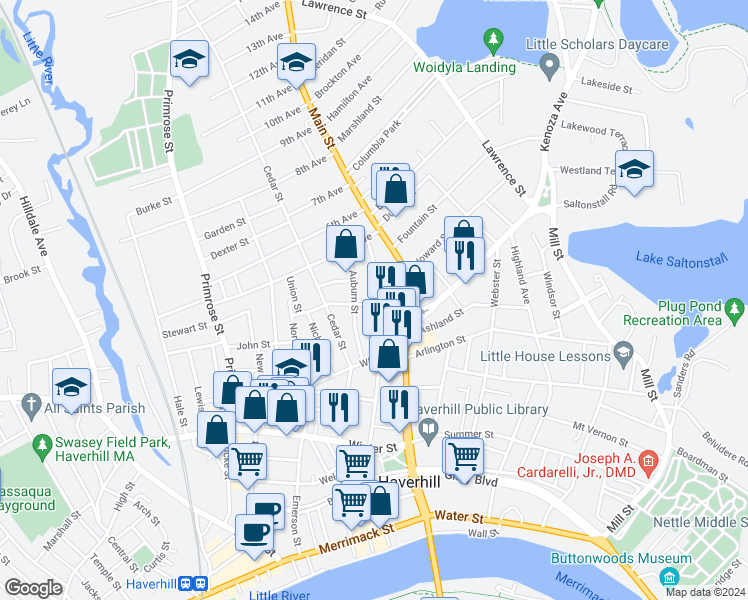 map of restaurants, bars, coffee shops, grocery stores, and more near 104 Portland Street in Haverhill