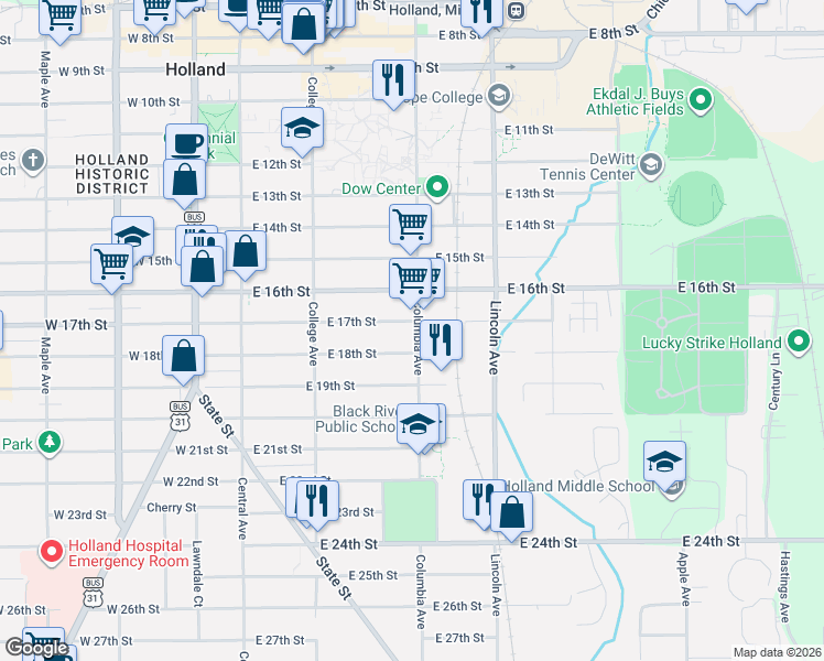 map of restaurants, bars, coffee shops, grocery stores, and more near 157 East 18th Street in Holland