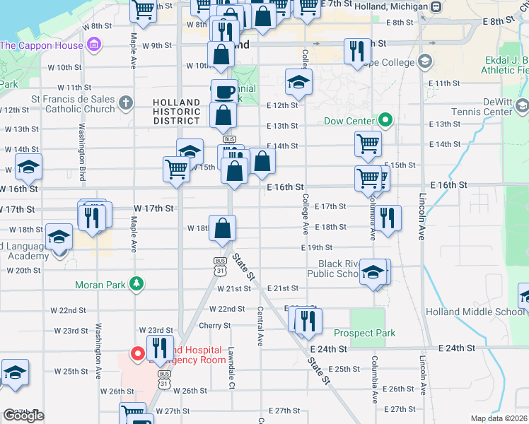 map of restaurants, bars, coffee shops, grocery stores, and more near 428 Central Avenue in Holland