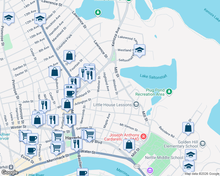 map of restaurants, bars, coffee shops, grocery stores, and more near 39 Highland Avenue in Haverhill