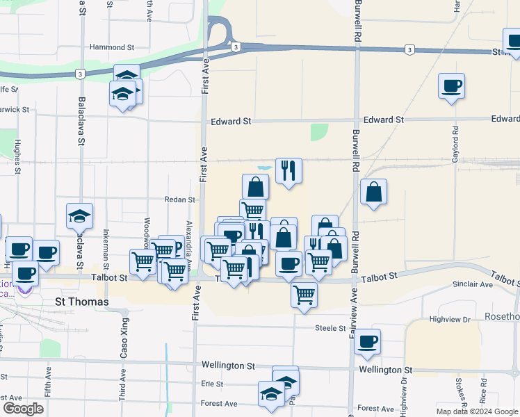 map of restaurants, bars, coffee shops, grocery stores, and more near 1063 Talbot Street in Saint Thomas