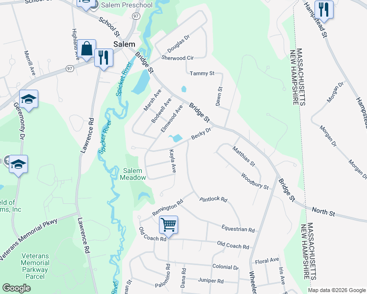 map of restaurants, bars, coffee shops, grocery stores, and more near 33 Flintlock Road in Salem