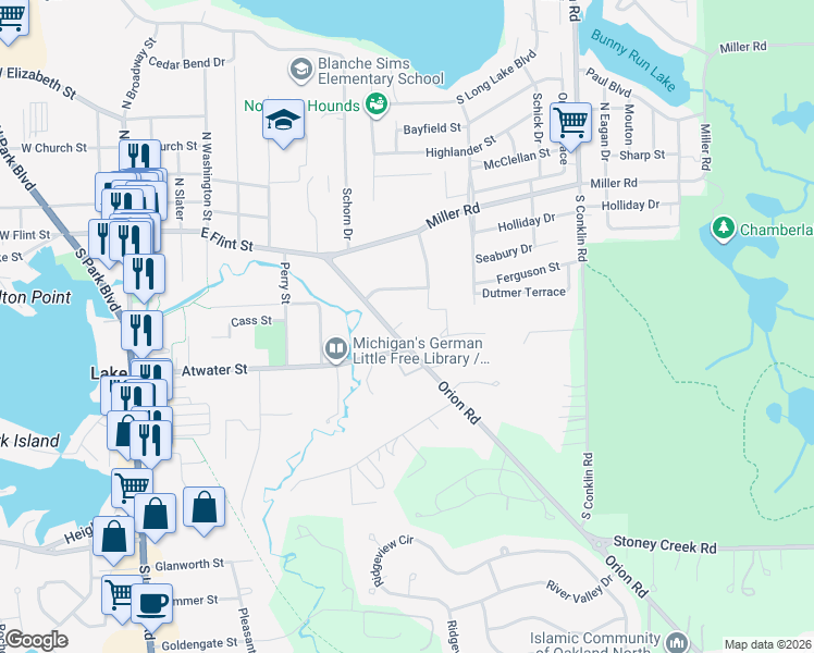 map of restaurants, bars, coffee shops, grocery stores, and more near 769 Orion Road in Orion charter Township
