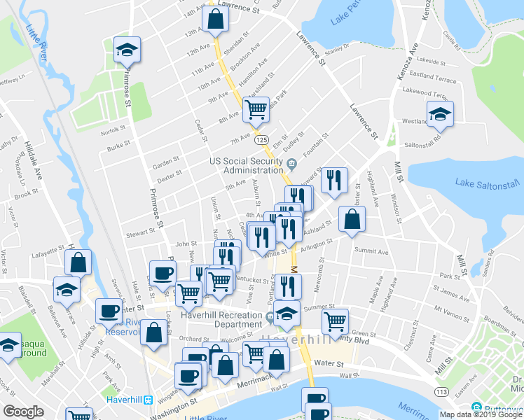 map of restaurants, bars, coffee shops, grocery stores, and more near 94 Portland Street in Haverhill
