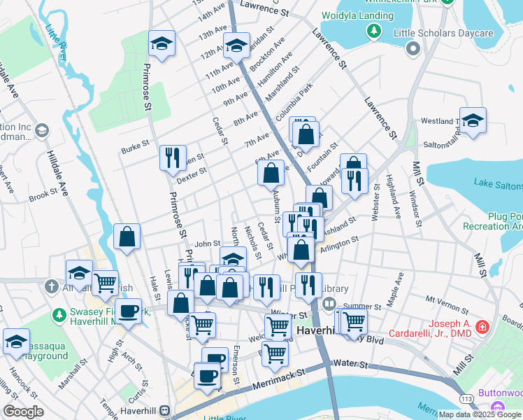 map of restaurants, bars, coffee shops, grocery stores, and more near 37 Cedar Street in Haverhill