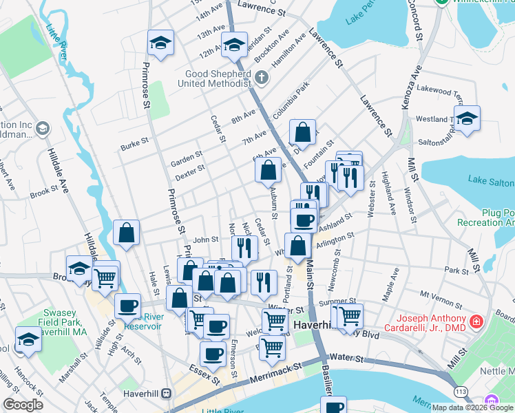 map of restaurants, bars, coffee shops, grocery stores, and more near 37 Cedar Street in Haverhill