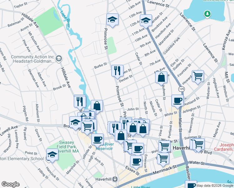 map of restaurants, bars, coffee shops, grocery stores, and more near 7 Stewart Street in Haverhill