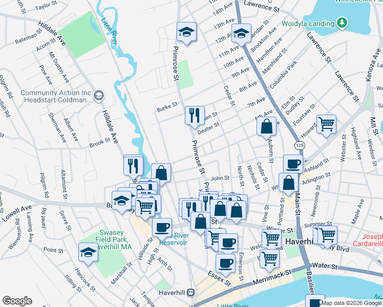 map of restaurants, bars, coffee shops, grocery stores, and more near 7 Stewart Street in Haverhill