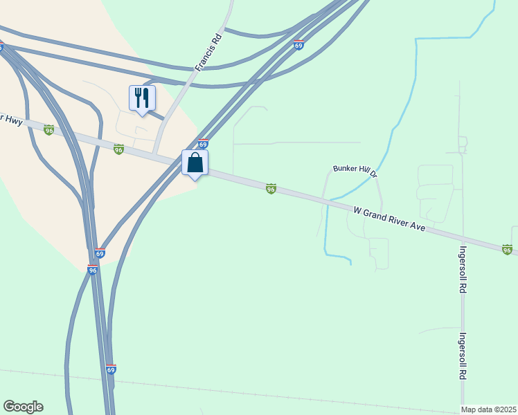 map of restaurants, bars, coffee shops, grocery stores, and more near 6907 West Grand River Avenue in Lansing