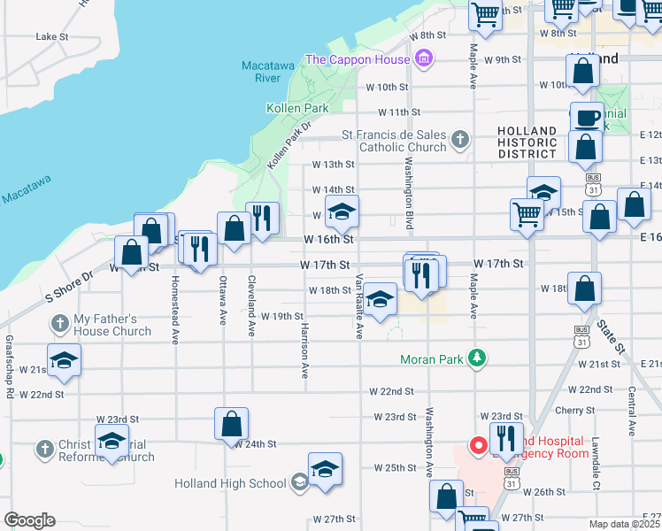 map of restaurants, bars, coffee shops, grocery stores, and more near 295 West 18th Street in Holland