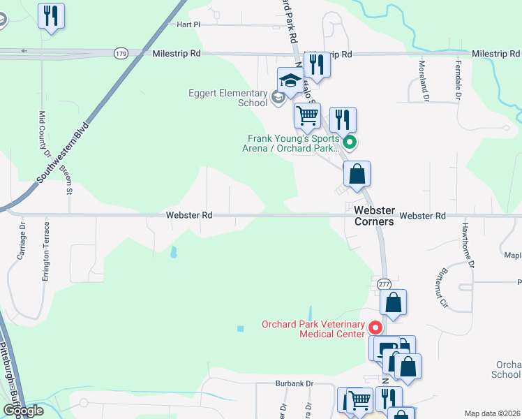 map of restaurants, bars, coffee shops, grocery stores, and more near 6312 Webster Road in Orchard Park