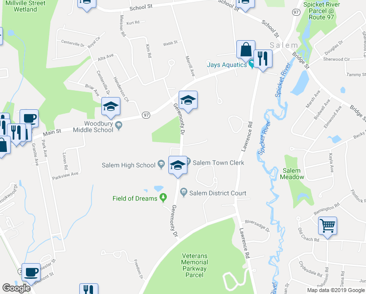 map of restaurants, bars, coffee shops, grocery stores, and more near 21 Town Village Drive in Salem