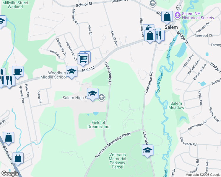 map of restaurants, bars, coffee shops, grocery stores, and more near 21 Town Village Drive in Salem