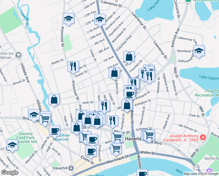 map of restaurants, bars, coffee shops, grocery stores, and more near 37 Cedar Street in Haverhill