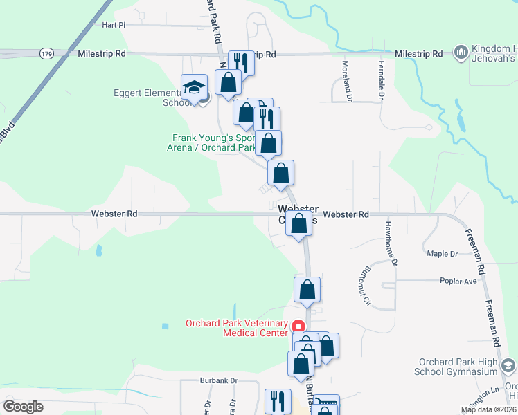 map of restaurants, bars, coffee shops, grocery stores, and more near 6435 Webster Road in Orchard Park