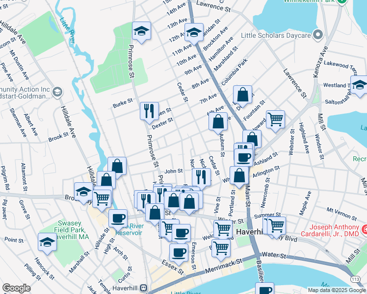 map of restaurants, bars, coffee shops, grocery stores, and more near 151 Franklin Street in Haverhill
