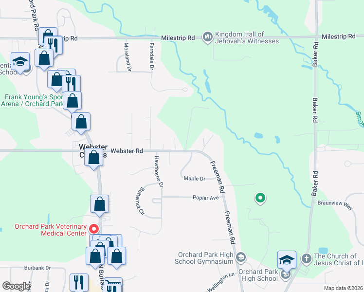 map of restaurants, bars, coffee shops, grocery stores, and more near 6935 Webster Road in Orchard Park