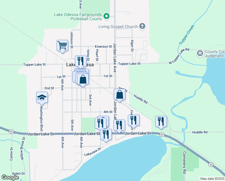 map of restaurants, bars, coffee shops, grocery stores, and more near 1230 2nd Street in Lake Odessa