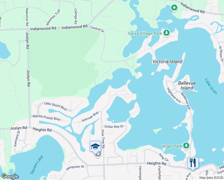 map of restaurants, bars, coffee shops, grocery stores, and more near 923 Pine Tree Road in Orion charter Township