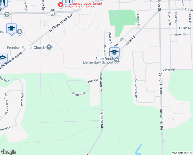 map of restaurants, bars, coffee shops, grocery stores, and more near 11552 Hartland Road in Fenton