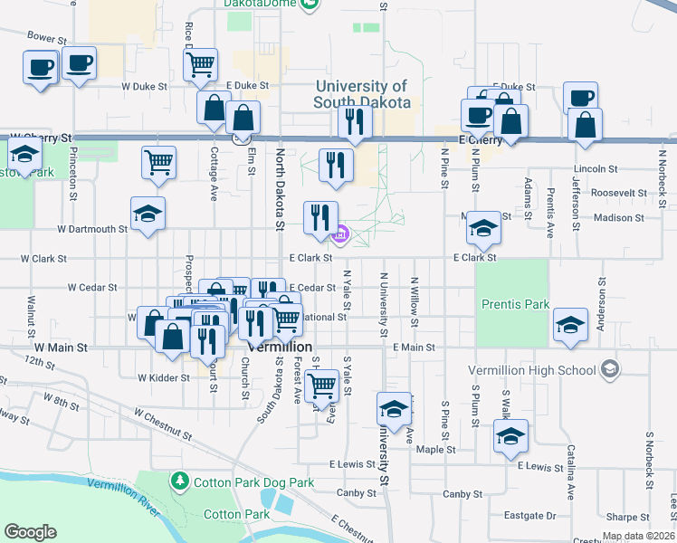 map of restaurants, bars, coffee shops, grocery stores, and more near 205 North Harvard Street in Vermillion