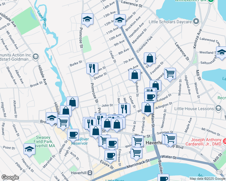 map of restaurants, bars, coffee shops, grocery stores, and more near 153 Franklin Street in Haverhill