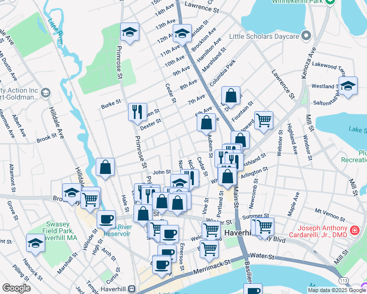 map of restaurants, bars, coffee shops, grocery stores, and more near 1 Union Street in Haverhill
