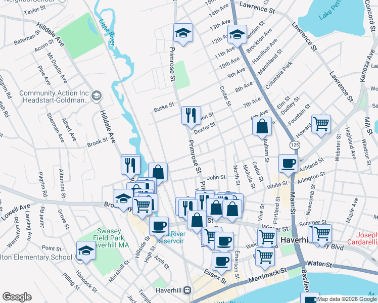 map of restaurants, bars, coffee shops, grocery stores, and more near 7 Stewart Street in Haverhill