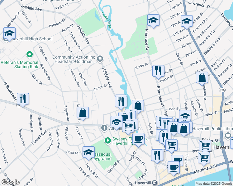 map of restaurants, bars, coffee shops, grocery stores, and more near 138 Hilldale Avenue in Haverhill
