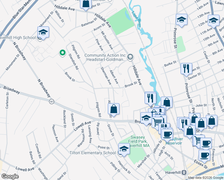 map of restaurants, bars, coffee shops, grocery stores, and more near 55 Altamont Street in Haverhill