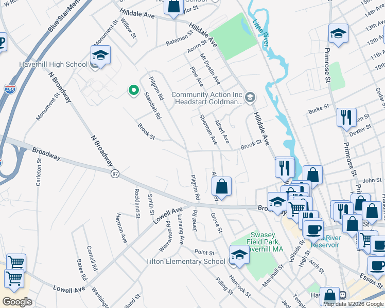 map of restaurants, bars, coffee shops, grocery stores, and more near 55 Pilgrim Road in Haverhill