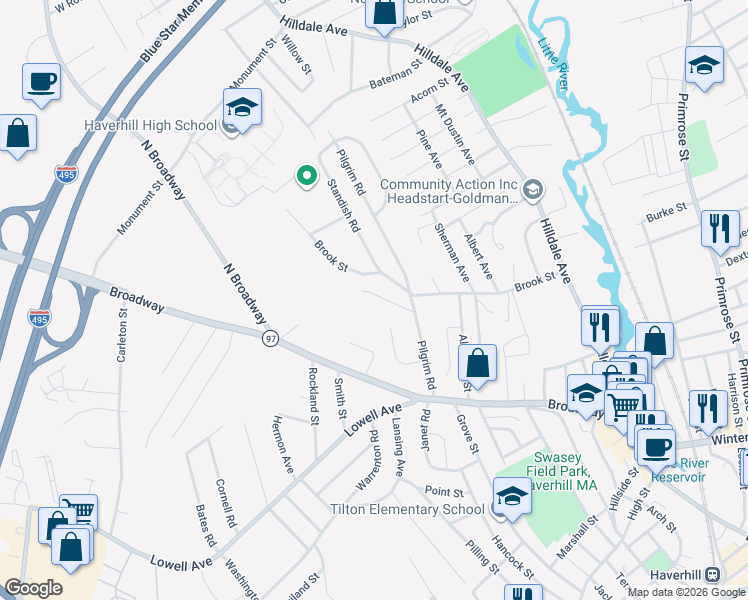 map of restaurants, bars, coffee shops, grocery stores, and more near 1 Ball Street in Haverhill