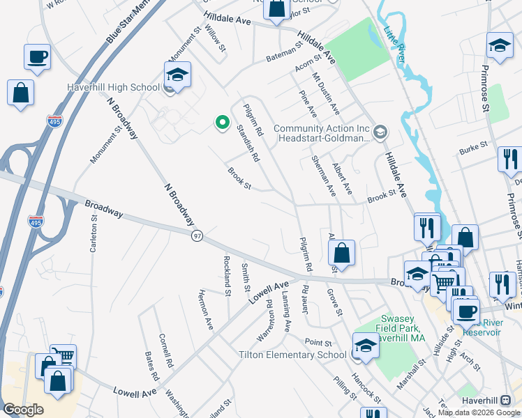 map of restaurants, bars, coffee shops, grocery stores, and more near 1 Ball Street in Haverhill