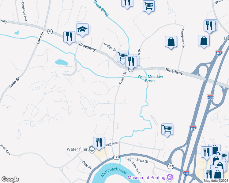 map of restaurants, bars, coffee shops, grocery stores, and more near 155 Forest Street in Haverhill