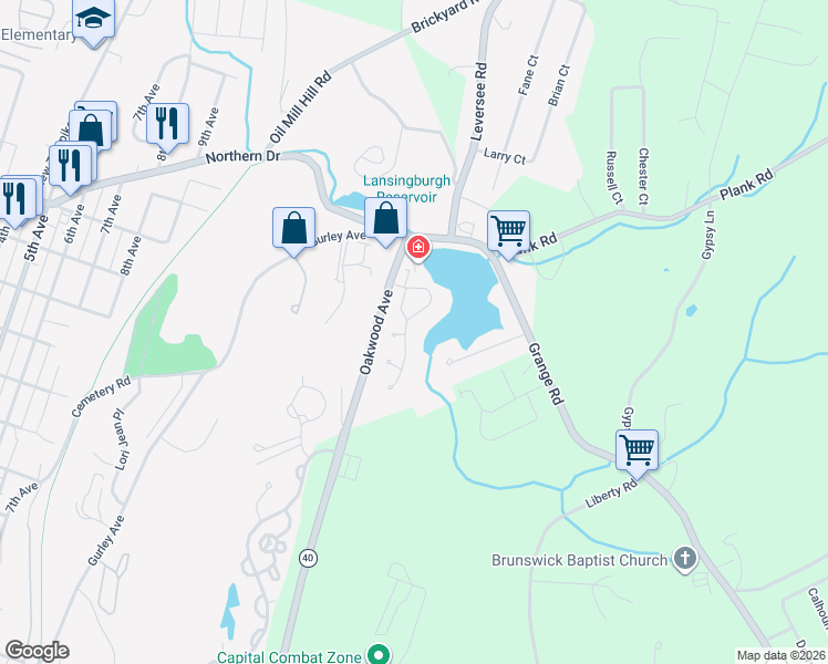 map of restaurants, bars, coffee shops, grocery stores, and more near 23 Biscayne Boulevard in Troy