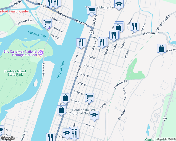 map of restaurants, bars, coffee shops, grocery stores, and more near 760 3rd Avenue in Troy