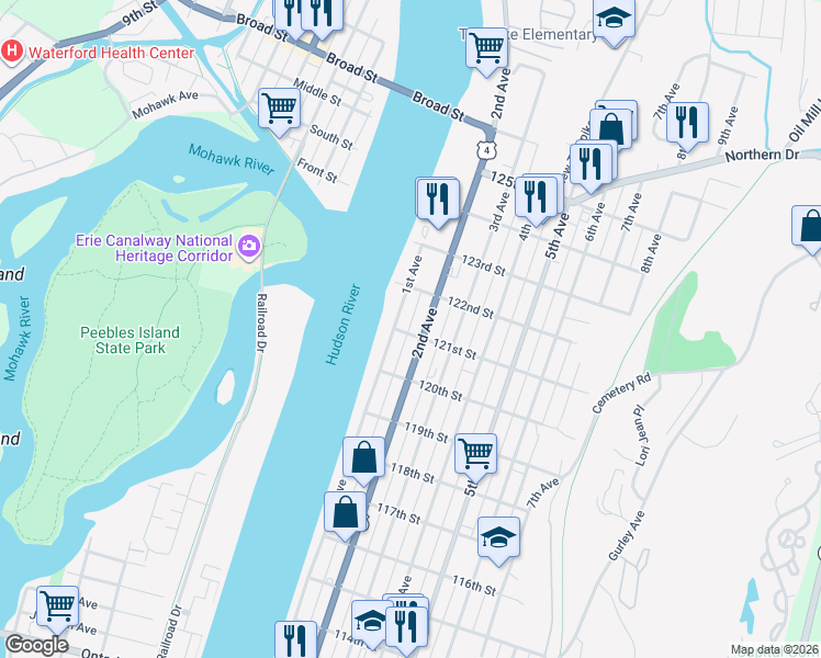 map of restaurants, bars, coffee shops, grocery stores, and more near 750 2nd Avenue in Troy
