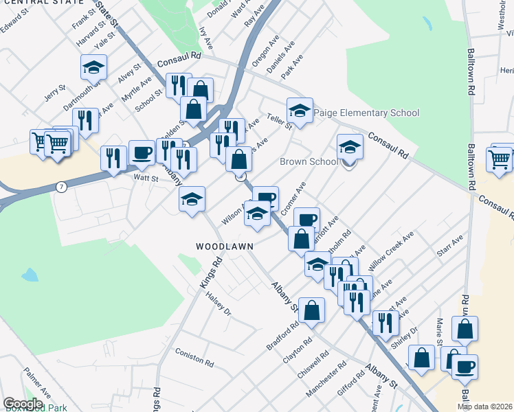 map of restaurants, bars, coffee shops, grocery stores, and more near 1752 State Street in Schenectady