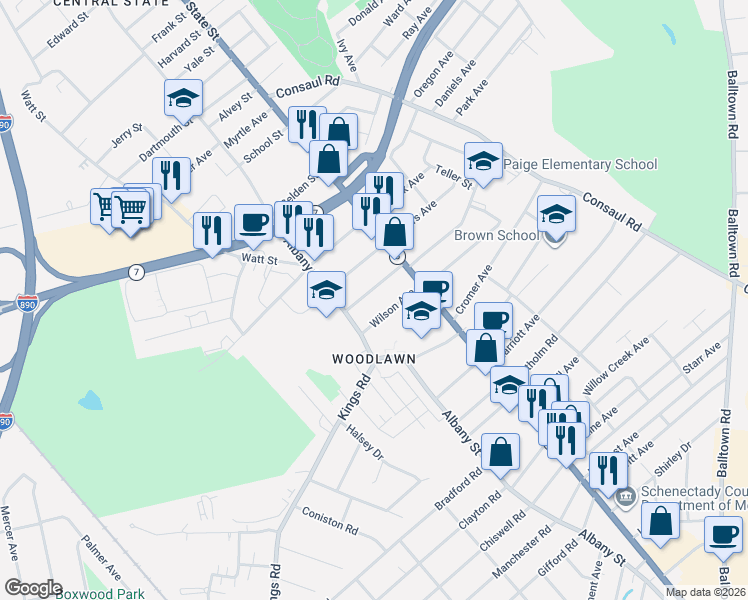 map of restaurants, bars, coffee shops, grocery stores, and more near 66 Wilson Avenue in Schenectady